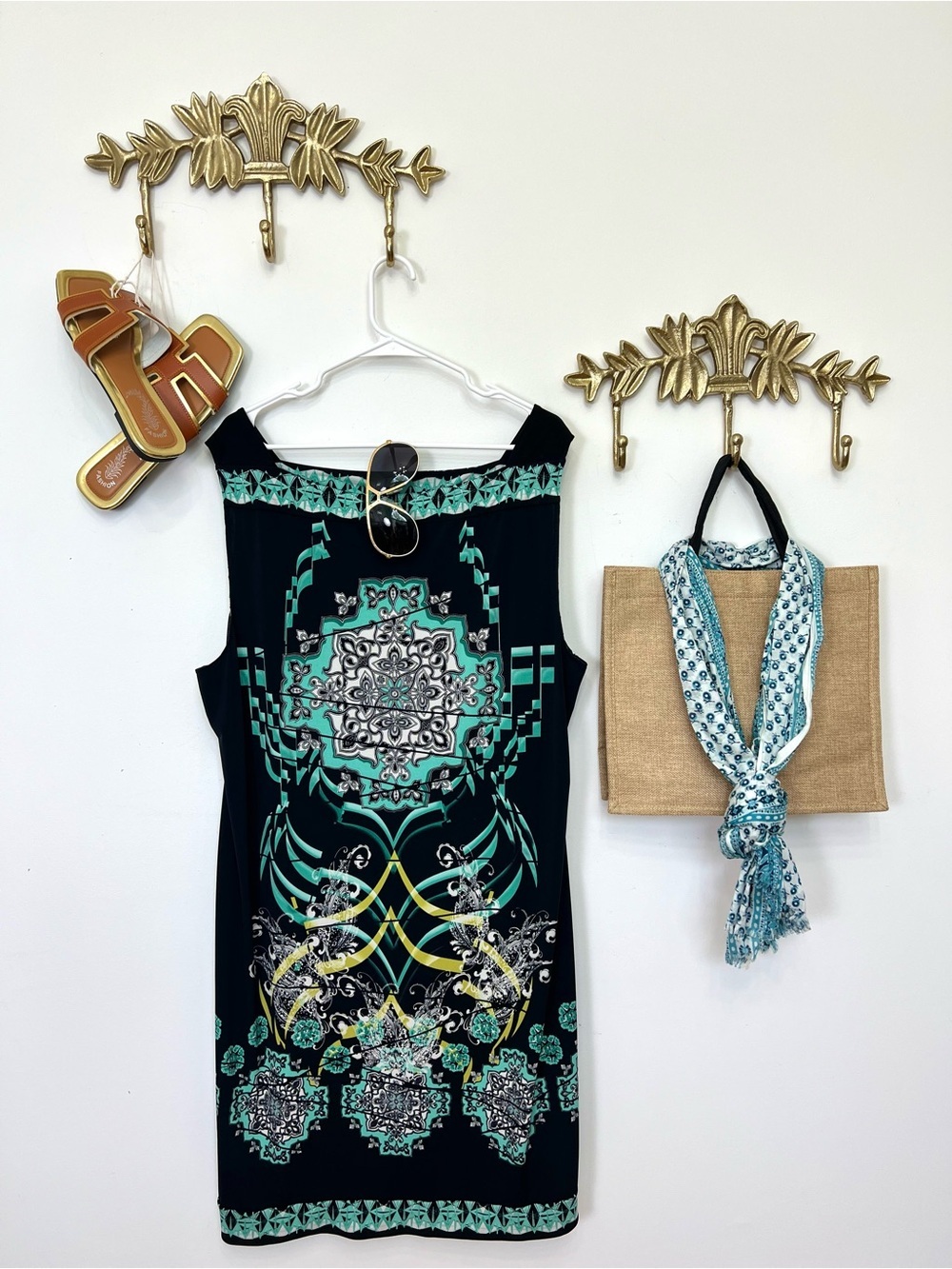 Style& Co Sleeveless Black & Teal Printed Shift Dress 2X ptp 26” L 40.5”